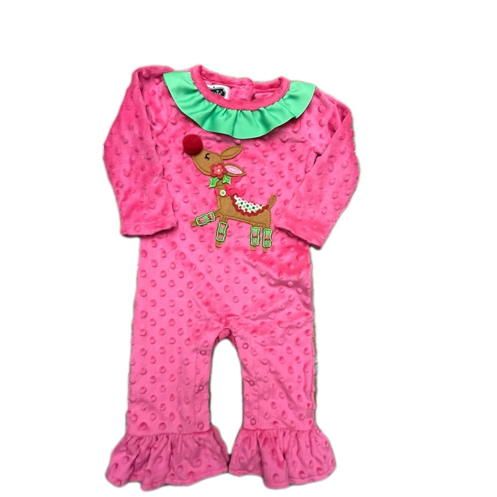 Mud Pie EUC Girls Pink Minky Dot Reindeer One Piece Size 9-12m
